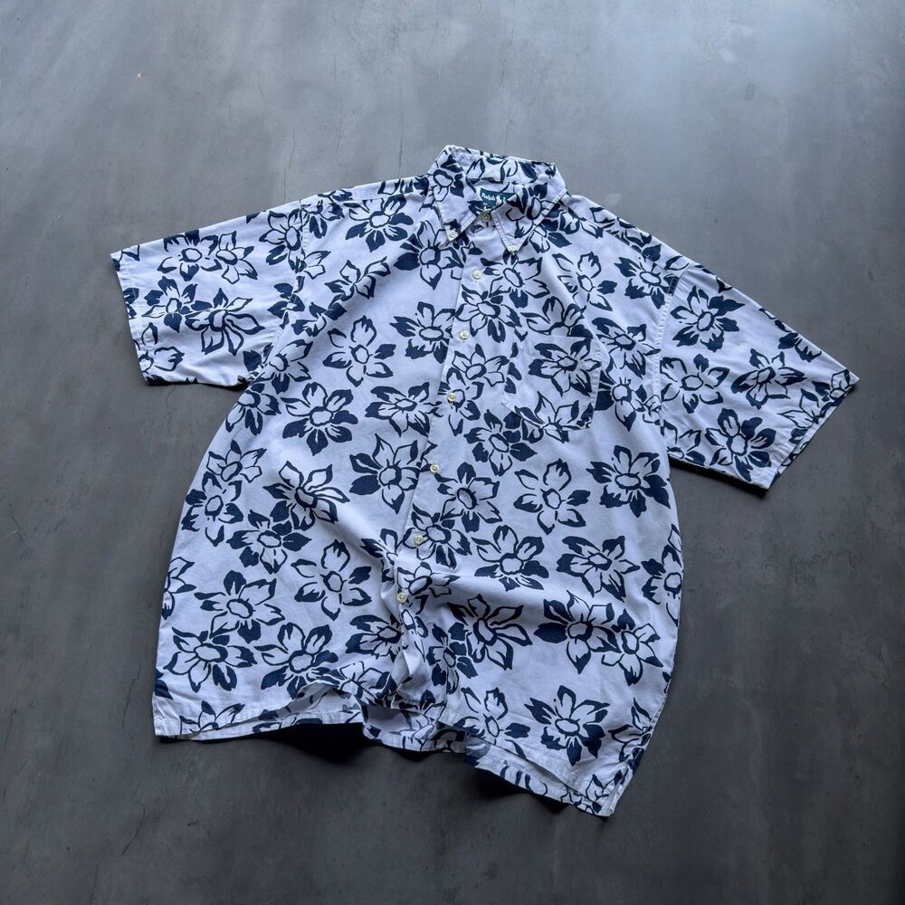 Ralph Lauren Greggor Floral Hawaiian Shirt Mens L Blue Cotton Aloha Resort Y2K